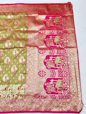 Lime zari woven silk blend traditional saree with blouse piece 2