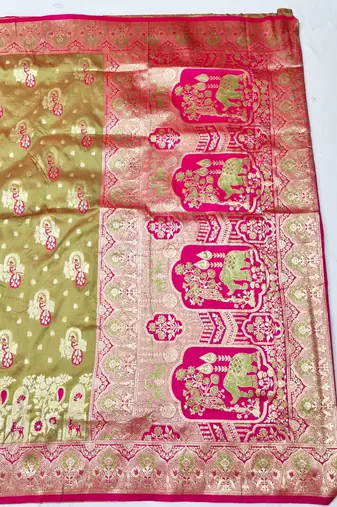 Lime zari woven silk blend traditional saree with blouse piece