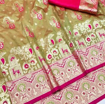 Lime zari woven silk blend traditional saree with blouse piece 3