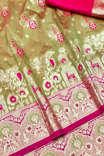 Lime zari woven silk blend traditional saree with blouse piece