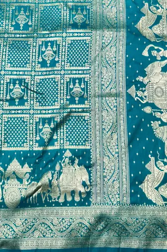 Blue zari woven silk blend traditional saree with blouse piece