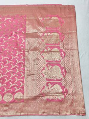Pink zari woven silk blend traditional saree with blouse piece 2