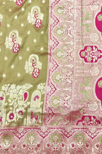 Lime zari woven silk blend traditional saree with blouse piece