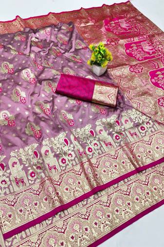 Purple zari woven silk blend traditional saree with blouse piece