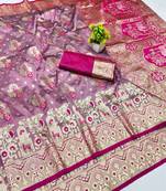 Purple zari woven banarasi silk blend traditional saree with blouse piece