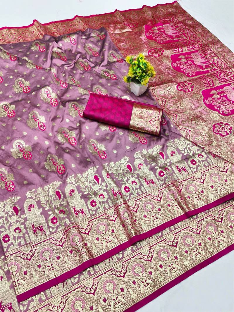 Purple zari woven banarasi silk blend traditional saree with blouse piece