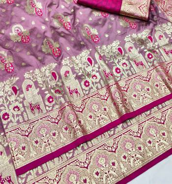 Purple zari woven silk blend traditional saree with blouse piece 3