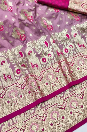 Purple zari woven silk blend traditional saree with blouse piece