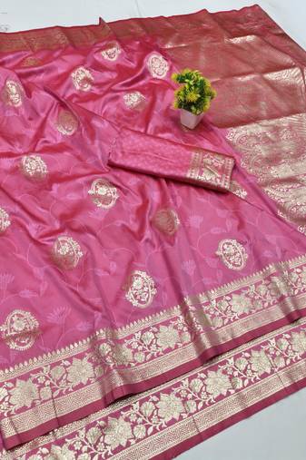 Pink zari woven banarasi silk blend traditional saree with blouse piece
