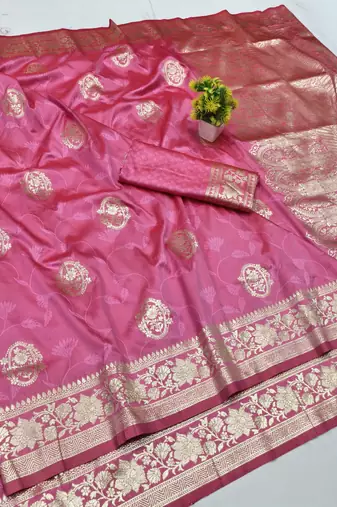 Pink zari woven banarasi silk blend traditional saree with blouse piece
