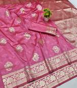 Pink zari woven banarasi silk blend traditional saree with blouse piece