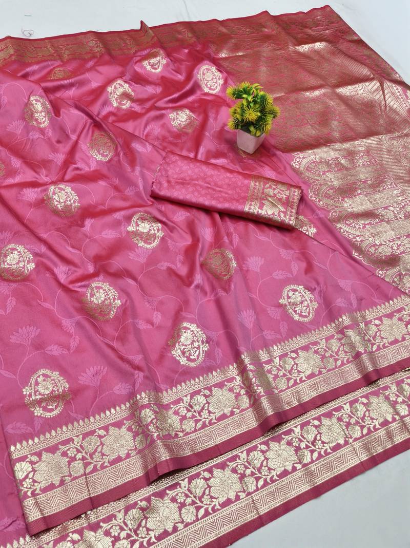 Pink zari woven banarasi silk blend traditional saree with blouse piece
