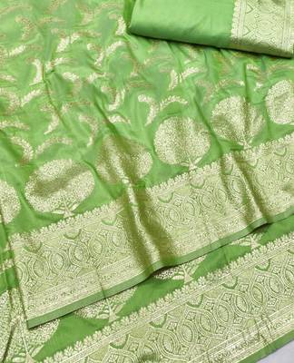 Light green zari woven silk blend traditional saree with blouse piece 2