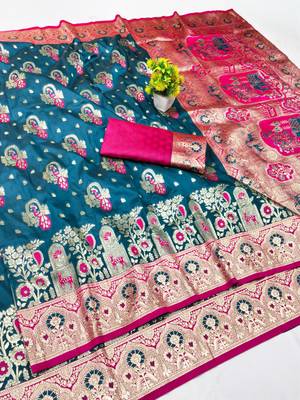 Dark blue zari woven silk blend traditional saree with blouse piece 1