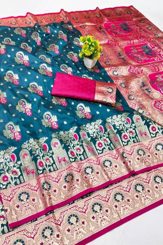Dark blue zari woven banarasi silk blend traditional saree with blouse piece