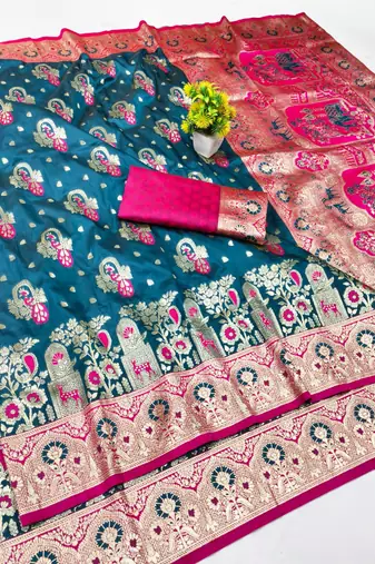 Dark blue zari woven banarasi silk blend traditional saree with blouse piece