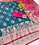 Dark blue zari woven banarasi silk blend traditional saree with blouse piece