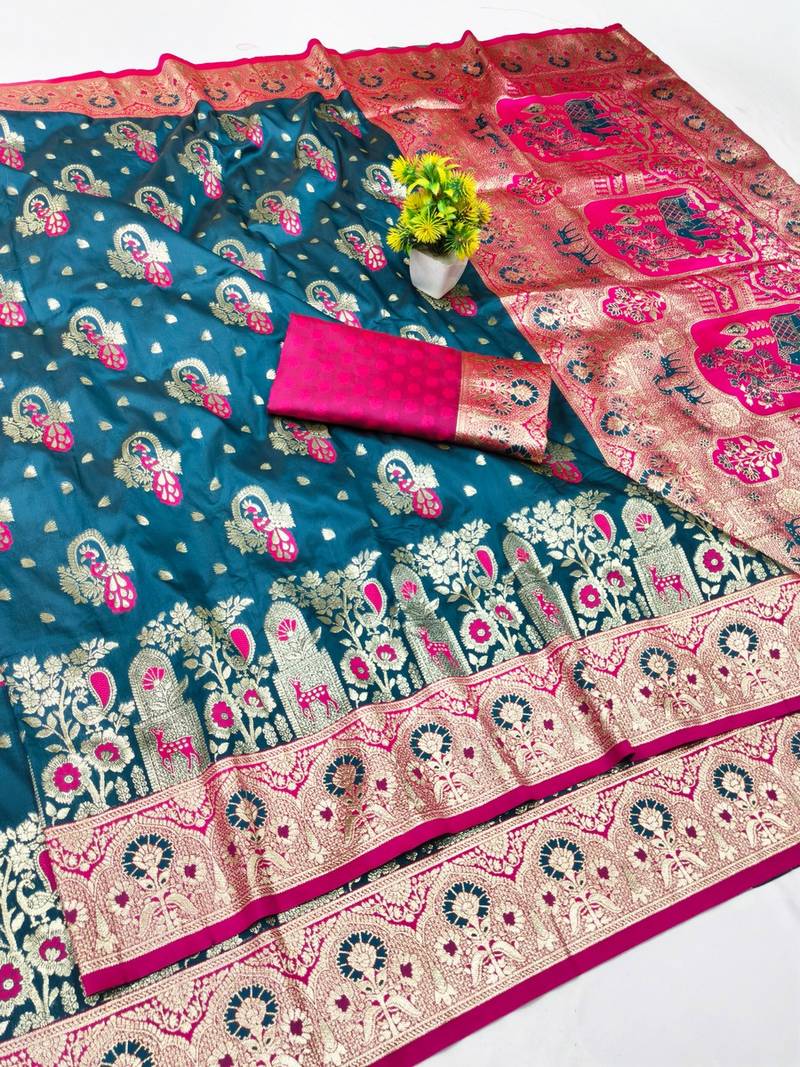 Dark blue zari woven banarasi silk blend traditional saree with blouse piece
