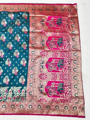 Dark blue zari woven silk blend traditional saree with blouse piece 2