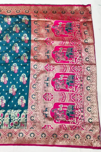 Dark blue zari woven silk blend traditional saree with blouse piece
