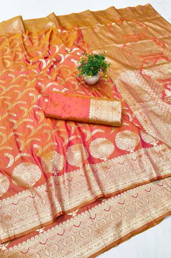 Orange zari woven silk blend traditional saree with blouse piece
