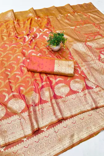 Orange zari woven silk blend traditional saree with blouse piece