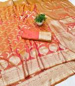 Orange zari woven banarasi silk blend traditional saree with blouse piece