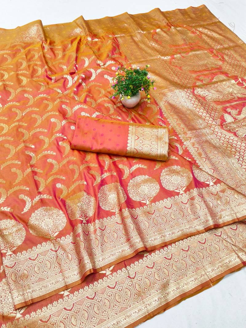 Orange zari woven banarasi silk blend traditional saree with blouse piece