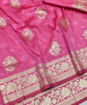 Pink zari woven silk blend traditional saree with blouse piece 3