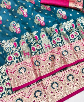 Dark blue zari woven silk blend traditional saree with blouse piece 3