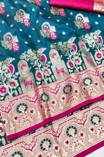 Dark blue zari woven silk blend traditional saree with blouse piece