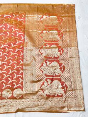 Orange zari woven silk blend traditional saree with blouse piece 2