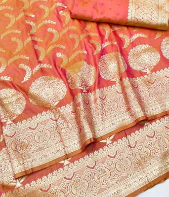 Orange zari woven silk blend traditional saree with blouse piece 3