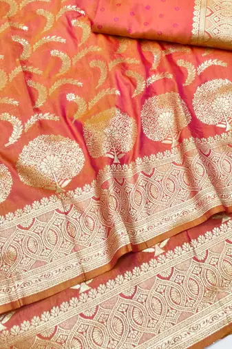 Orange zari woven silk blend traditional saree with blouse piece
