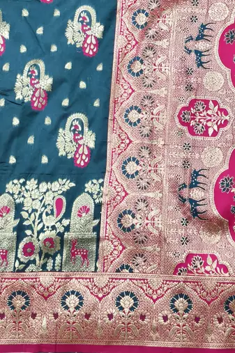 Dark blue zari woven silk blend traditional saree with blouse piece