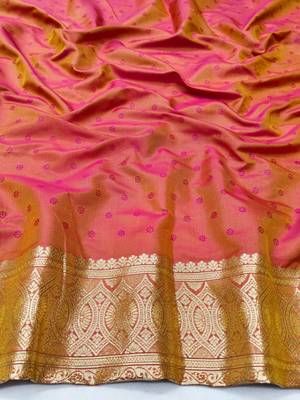 Orange zari woven silk blend traditional saree with blouse piece 4