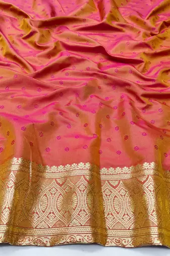 Orange zari woven silk blend traditional saree with blouse piece