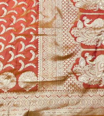 Orange zari woven silk blend traditional saree with blouse piece 5