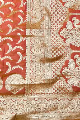 Orange zari woven silk blend traditional saree with blouse piece