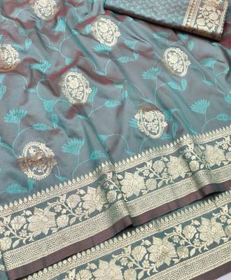 Light blue zari woven silk blend traditional saree with blouse piece 2