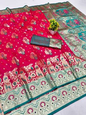 Rani zari woven silk blend traditional saree with blouse piece 1
