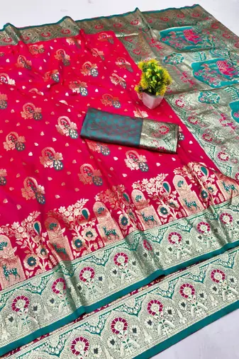 Rani zari woven banarasi silk blend traditional saree with blouse piece