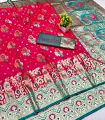 Rani zari woven banarasi silk blend traditional saree with blouse piece