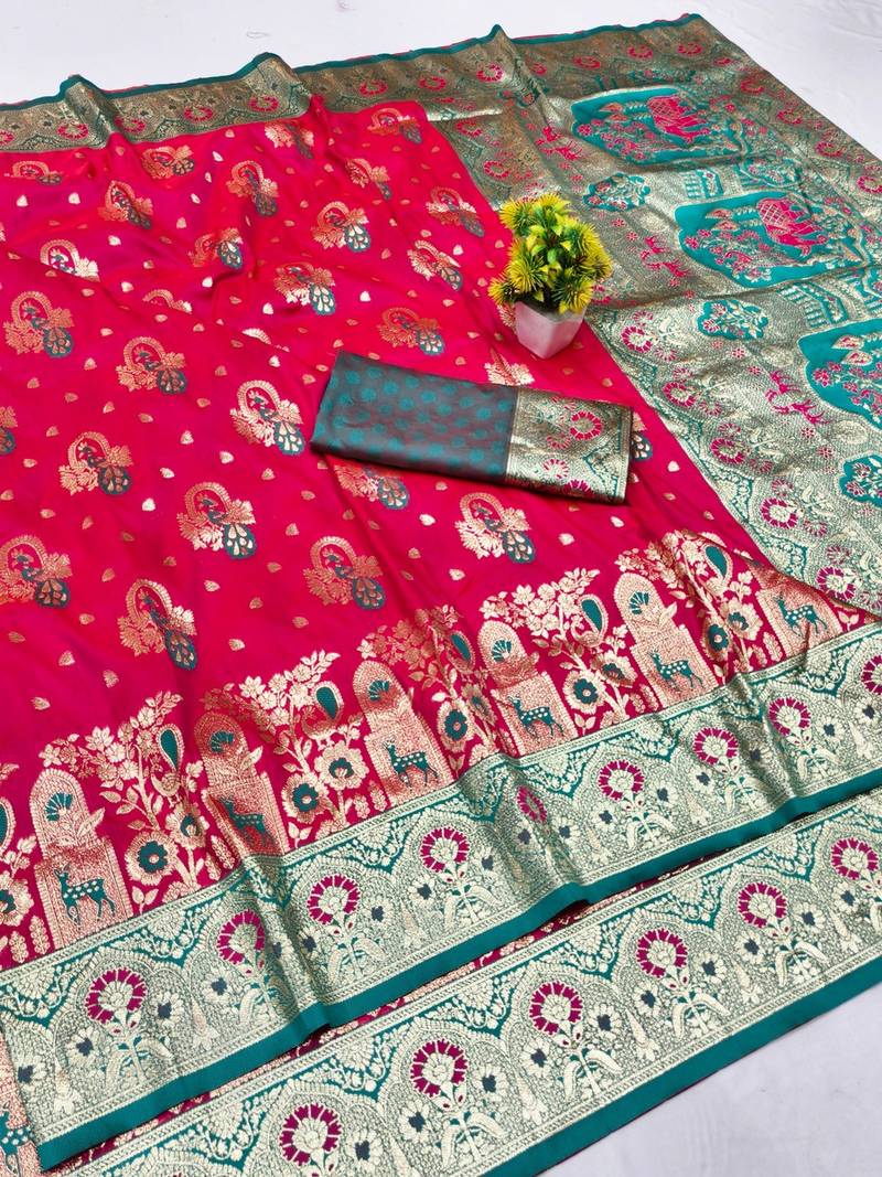 Rani zari woven banarasi silk blend traditional saree with blouse piece