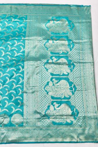 Blue zari woven silk blend traditional saree with blouse piece