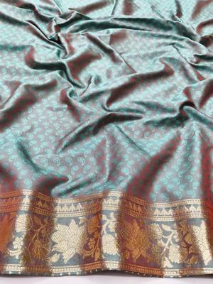 Light blue zari woven silk blend traditional saree with blouse piece 3