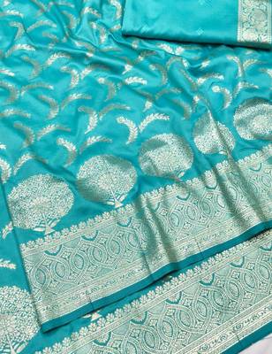 Blue zari woven silk blend traditional saree with blouse piece 2