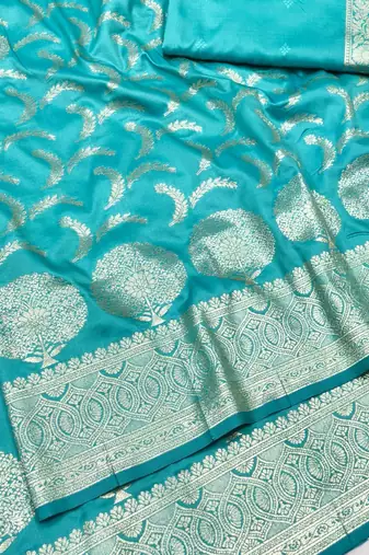Blue zari woven silk blend traditional saree with blouse piece