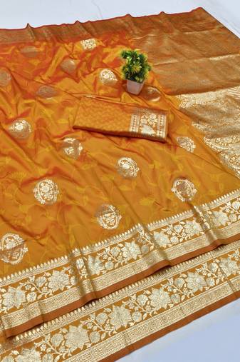 Gold zari woven banarasi silk blend traditional saree with blouse piece
