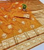 Gold zari woven banarasi silk blend traditional saree with blouse piece